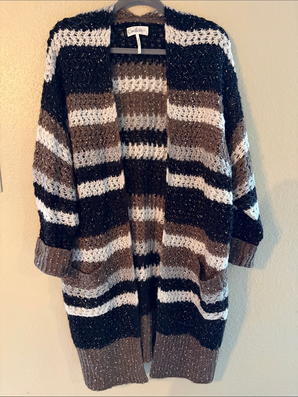Black, White & Brown Striped Open-Front Women's Cardigan Sweater